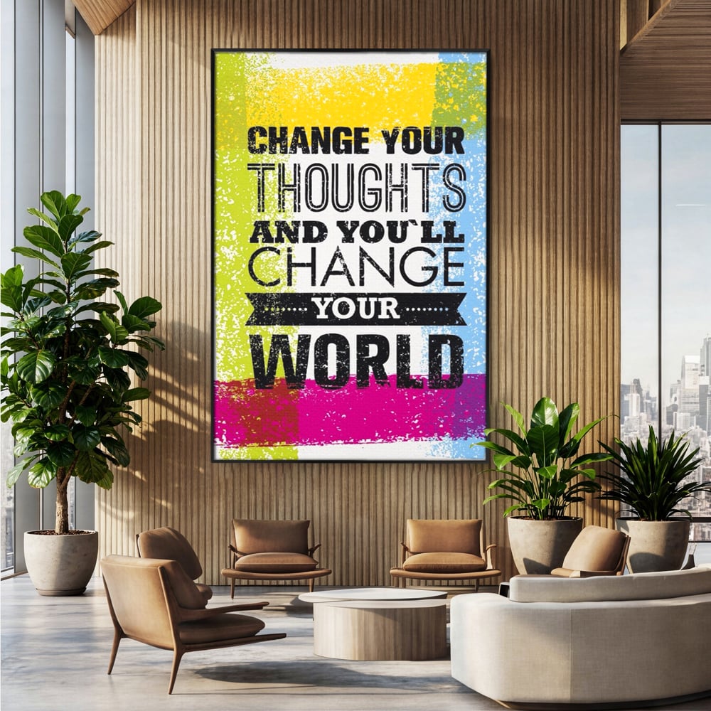 Tablou canvas cu tablou canvas cu mesaj motivational colorat, in rama de aluminiu negru, pe perete intr-un birou